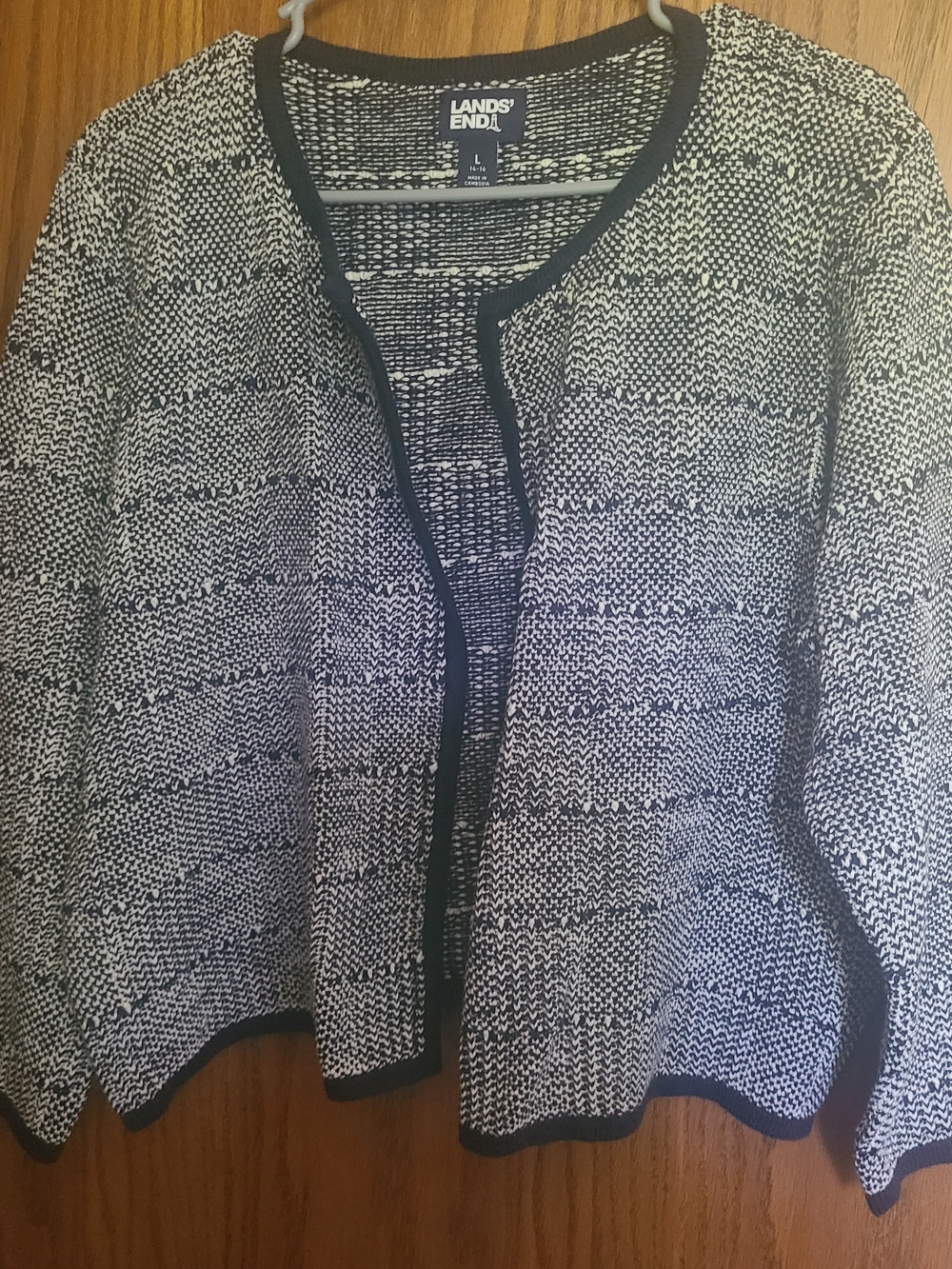 Lands' End Women's Navy Blue and White Knit Cardigan